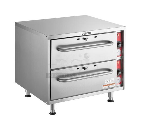 New Vulcan VW2S dual warming drawer, stainless steel, 208/240V, free-standing, commercial use, pristine condition.