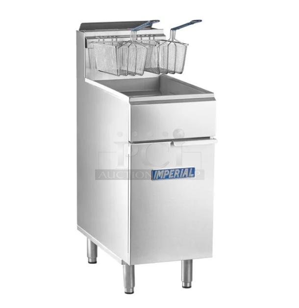 Brand new Imperial IFS-40 stainless steel natural gas fryer, 40 lb capacity, tube fired, with backsplash and baskets.