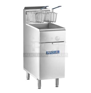 Brand new Imperial IFS-40 stainless steel natural gas fryer, 40 lb capacity, tube fired, with backsplash and baskets.