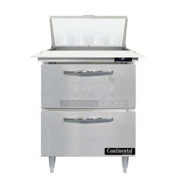 Continental Designer Line Series stainless steel 2-drawer refrigerated prep table, model D27N8CD, with digital display, brand new.