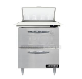 Continental Designer Line Series stainless steel 2-drawer refrigerated prep table, model D27N8CD, with digital display, brand new.
