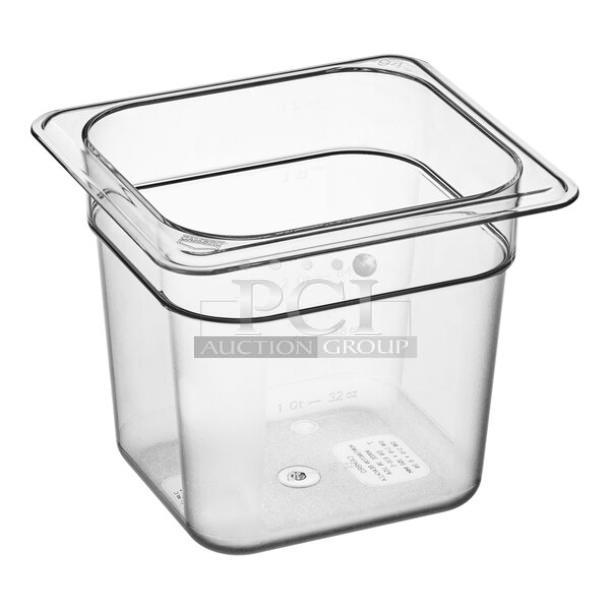 Brand new Cambro Camwear clear polycarbonate 1/6-size food pan, model 66CWTRI135, 6" deep, durable and commercial-grade.