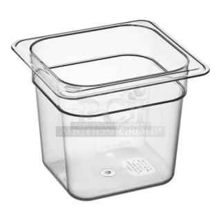 Brand new Cambro Camwear clear polycarbonate 1/6-size food pan, model 66CWTRI135, 6" deep, durable and commercial-grade.