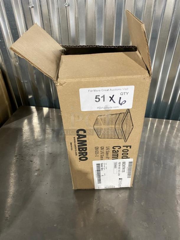 Brand new Cambro Camwear 1/6-size 6" deep clear polycarbonate food pan, model 66CWTRI135, in original packaging.