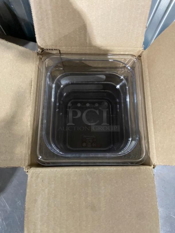 Brand new Cambro Camwear Series polycarbonate 1/6-size food pan, model 66CWTRI135, 6" deep, clear, in open cardboard box.