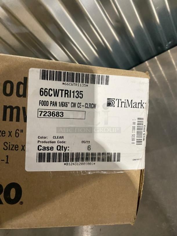 Brand new Cambro Camwear 1/6-size 6" deep clear polycarbonate food pan, model 66CWTRI135, in original packaging.