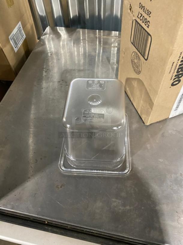 Brand new Cambro Camwear Series clear polycarbonate 1/6-size food pan, model 66CWTRI135, 6" deep, with visible label.