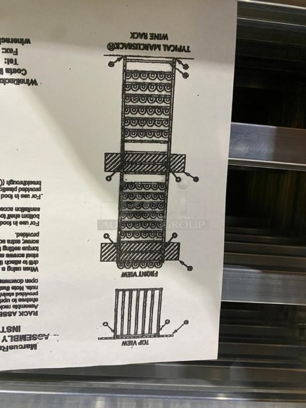 Brand new Marcus Rack commercial stainless steel wine shelves, shown with installation diagram, accommodates full bottles.