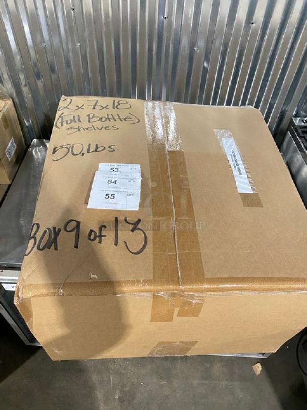 Box containing Marcus Rack commercial stainless steel full-bottle wine shelves. Brand new, box 9 of 13, 50 lbs.