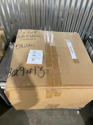 Box containing Marcus Rack commercial stainless steel full-bottle wine shelves. Brand new, box 9 of 13, 50 lbs.