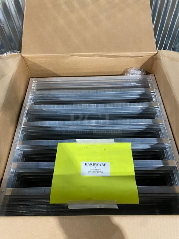 Marcus Rack stainless steel full-bottle wine shelves, brand new in box. Includes hardware and assembly instructions.