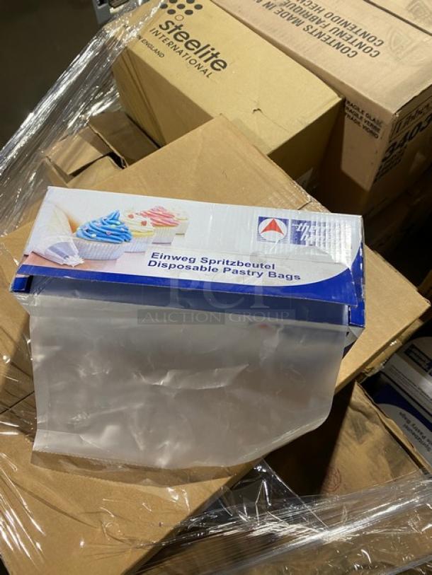 Brand new mixed pallet with retail-ready items including Libbey and TableCraft glassware, pastry bags displayed on top.