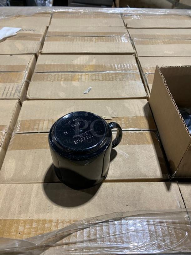 Brand new Carlisle Tritan BPA-free black mug, Model 4305203, stackable, 10 oz, on pallet. 12 per case, 120 cases total.