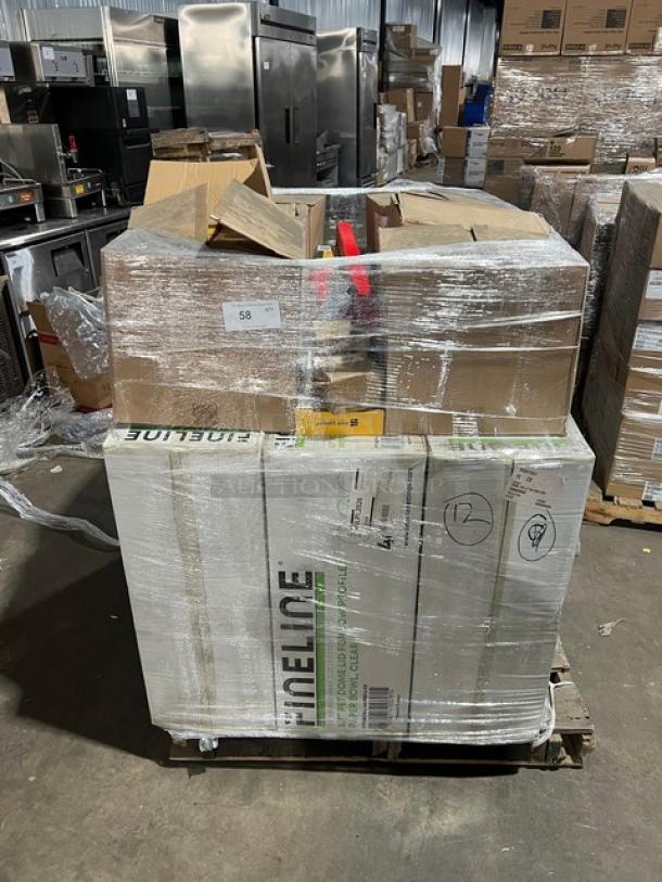 Mixed pallet with FineLine Conserveware 5.7" dome lids, San Jamar bandage dispenser, JB Prince porcelain plates. Brand new.