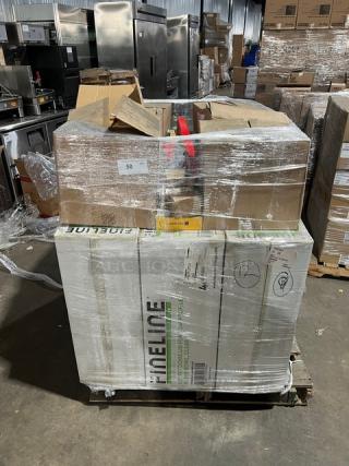 Mixed pallet with FineLine Conserveware 5.7" dome lids, San Jamar bandage dispenser, JB Prince porcelain plates. Brand new.