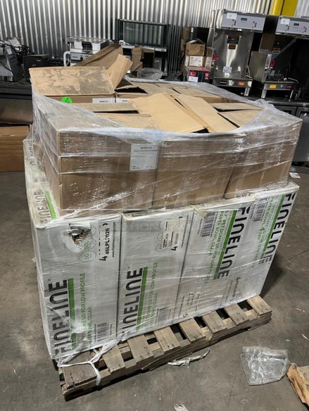 Mixed pallet with FineLine Conserveware dome lids, San Jamar bandage dispenser, and JB Prince porcelain plates. Brand new.