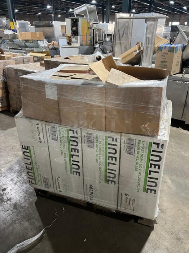 Mixed pallet with FineLine Conserveware 5.7" dome lids, 500 per case. Includes San Jamar bandage dispenser and JB Prince plates. 21X your bid.