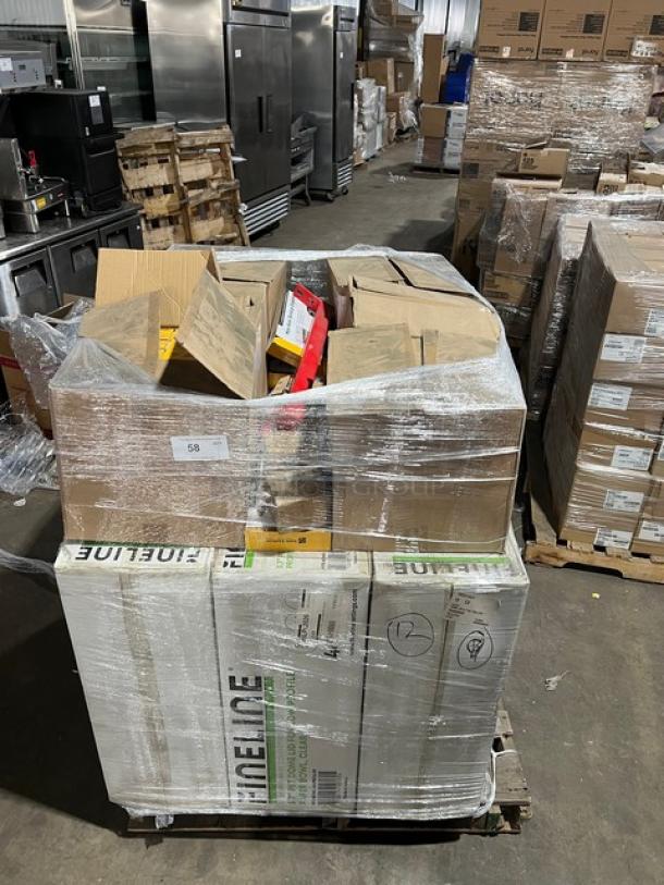 Mixed pallet of FineLine Conserveware 5.7" dome lids, San Jamar bandage dispensers, and JB Prince porcelain plates. 21X bid.