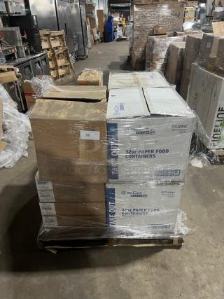 Mixed pallet containing Hoffmaster traymats, AmercareRoyal containers, Steelite plates, and compostable forks in sealed cases.