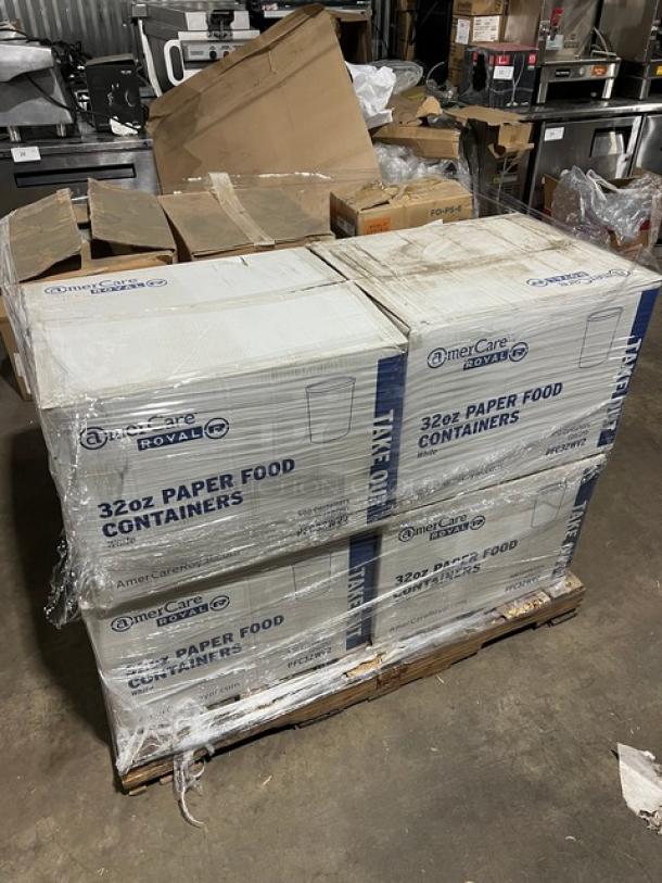 Mixed pallet with Hoffmaster traymats, AmercareRoyal 32oz containers, Steelite plates, and compostable forks. 21X your bid.