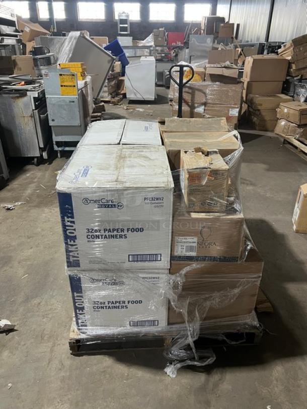 Mixed pallet featuring Hoffmaster traymats, AmercareRoyal paper containers, Anfora plates, World Centric forks, shrink-wrapped.