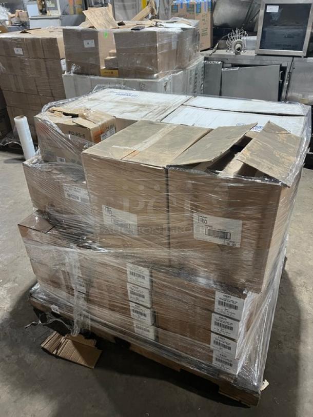 Mixed pallet of commercial items, including Hoffmaster and AmercareRoyal products. Brand new, wrapped, multiple cases and models.
