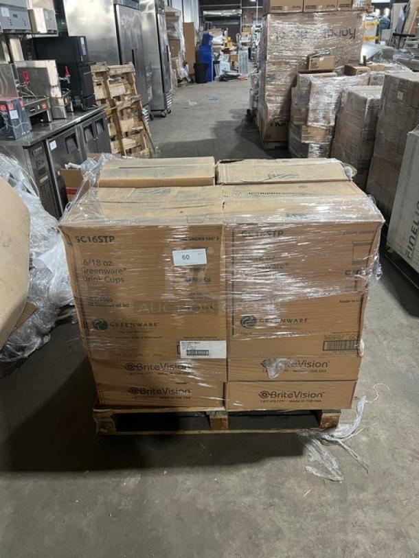 Mixed pallet of Fabri-Kal Greenware cold drink cups, Verterra wooden to-go trays, and Brite Vision hot cup sleeves, brand new.