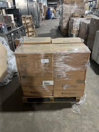 Mixed pallet of Fabri-Kal Greenware cold drink cups, Verterra wooden to-go trays, and Brite Vision hot cup sleeves, brand new.