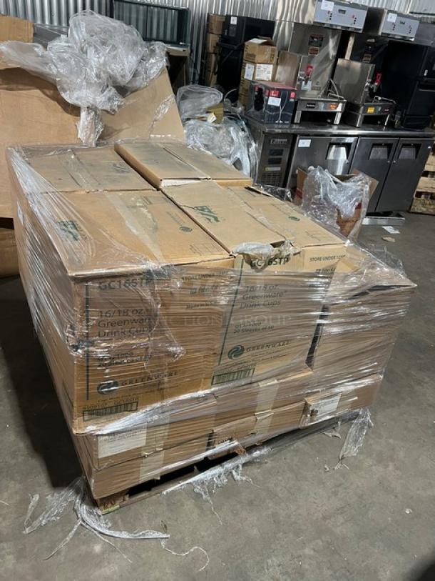 Mixed pallet with Fabri-Kal Greenware clear cups, Verterra to-go trays, Brite Vision cup sleeves. Brand new, 19X bid value.