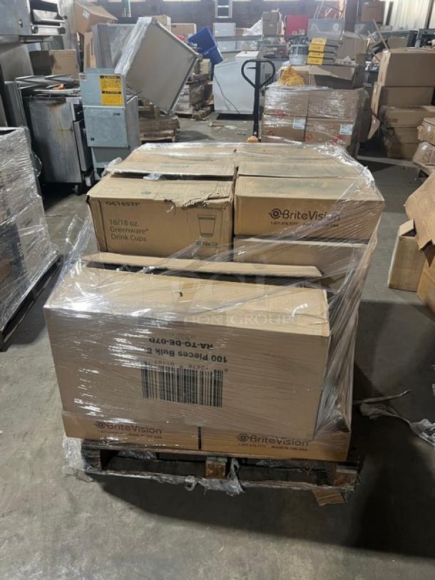 Mixed pallet with Fabri-Kal Greenware cups, Verterra trays, Brite Vision sleeves; new, wrapped on wood pallet.