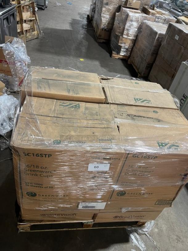 Pallet with Fabri-Kal Greenware 16/18 oz cold drink cups, Verterra to-go trays, and Brite Vision cup sleeves, wrapped in plastic.