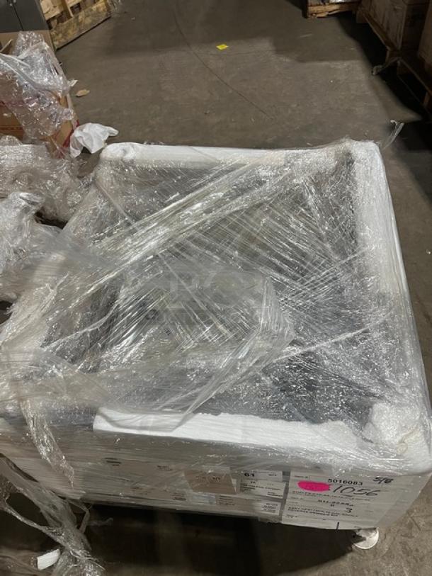 Brand new Alto-Shaam 24"x38" stainless steel combi oven stand, model 5016083, with single undershelf, wrapped and on legs.