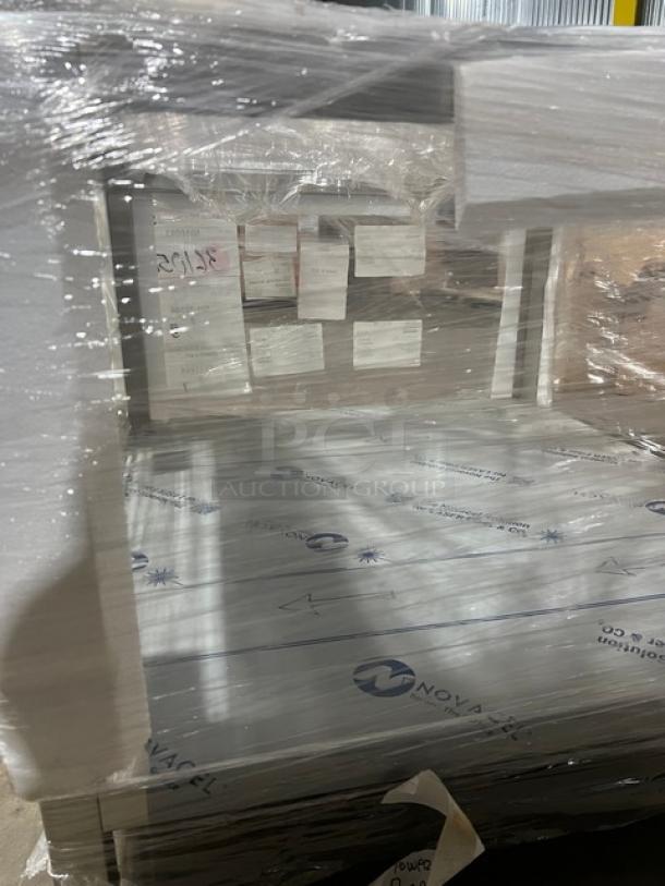 Brand new Alto-Shaam 5016083 stainless steel combi oven stand, 24"x38", with single undershelf, wrapped, on legs.