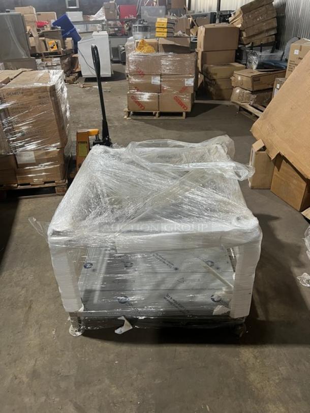 New Alto-Shaam Combitherm Combi Oven Stand, Model 5016083, 24"x38", stainless steel, with single undershelf and legs, wrapped.