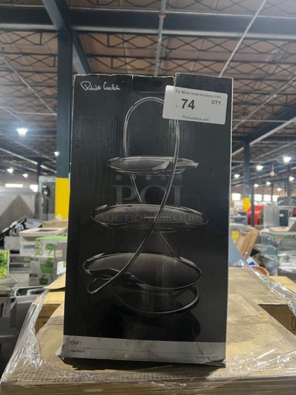 Steelite International Drift Series 3-tier stainless steel cake stand, model DRFBR3445V, mirror shine, new in box.