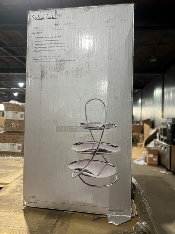 Steelite Robert Welch Drift Series stainless steel 3-tier cake stand, model DRFBR3445V, in original packaging.