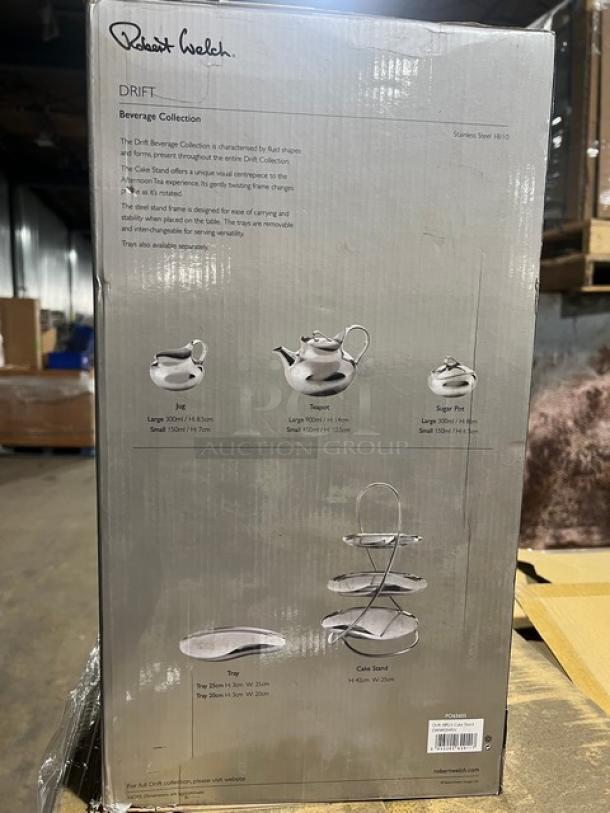 Steelite International Robert Welch Drift Series 3-Tier Cake Stand, Model DRFBR3445V, stainless steel, mirror shine, new in box.