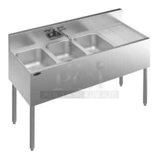 Krowne Royal 3-bay stainless steel sink, model KR19-43L, with right drainboard, backsplash, and faucet, commercial-grade.