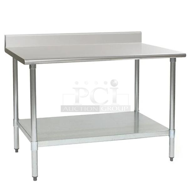 Eagle Group stainless steel work table, model T3060SB-BS, with backsplash and lower storage shelf. New condition.