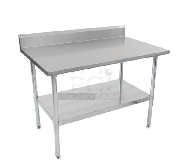 Brand new John Boos stainless steel worktop table, 30"x24", with undershelf, up-turned backsplash, and safety edge front. Model FBLGR53024X.