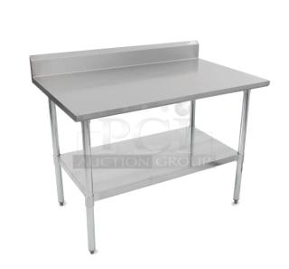 Brand new John Boos stainless steel worktop table, 30"x24", with undershelf, up-turned backsplash, and safety edge front. Model FBLGR53024X.