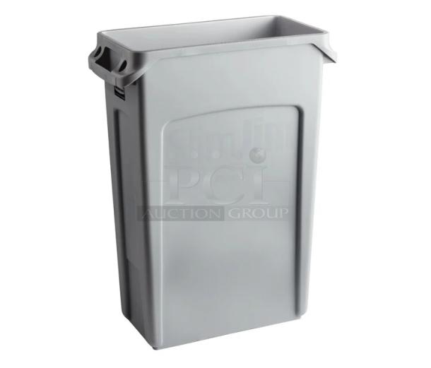 Brand new Rubbermaid Slim Jim gray 92 Qt./23 Gal. trash can with handles, model FG354060GRAY.