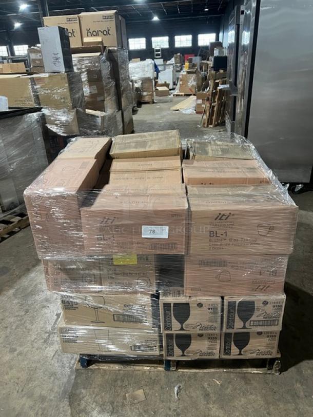 Mixed pallet of brand new Libbey and iTi glassware and porcelain, securely wrapped, multiple models, in original packaging.