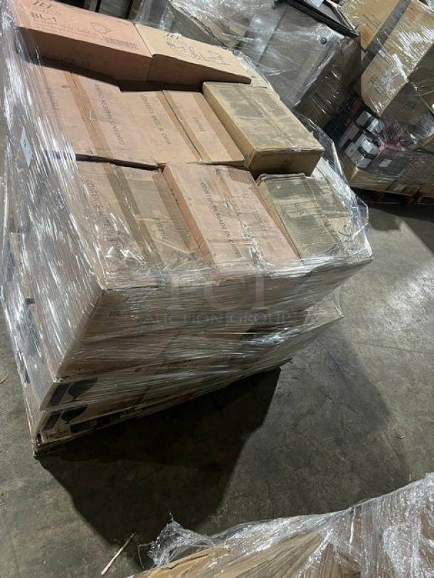 Mixed pallet of brand new Libbey, iTi, Arcoroc, Chef & Sommelier glassware, and porcelain items in sealed boxes.