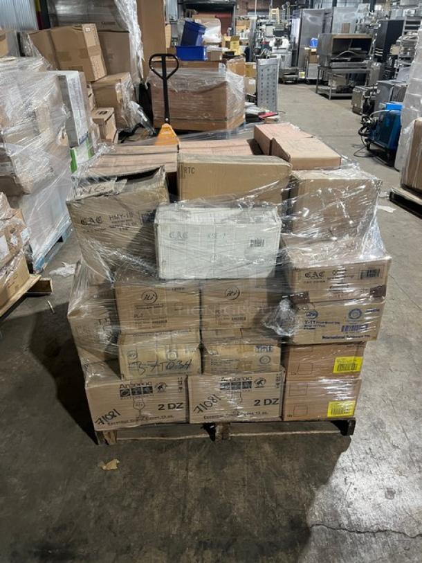 Mixed pallet of brand new glassware and porcelain items; includes Libbey wine glasses, iTi cups, Arcoroc glasses; original packaging.