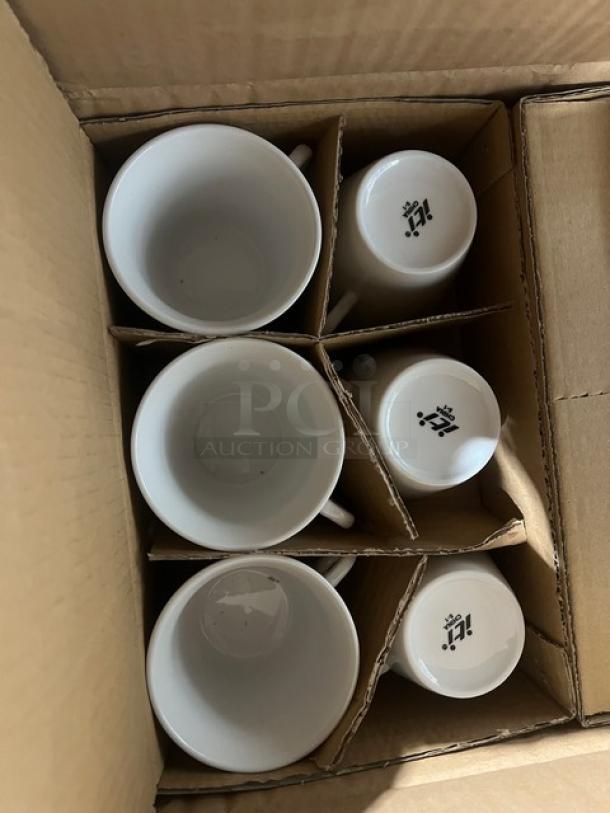 Box of iTi Bristol Series bright white porcelain 12 oz. tall cups, 2-dozen per case, model BL-1, new condition.
