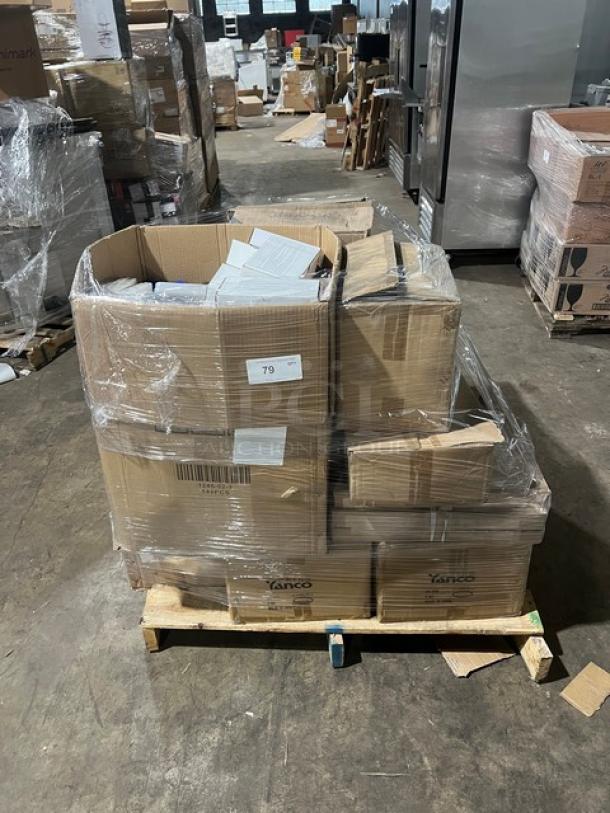 Mixed pallet with Yanco Ocean Series porcelain plates, Vollrath aluminum lids, syrup servers, and more, wrapped in plastic.