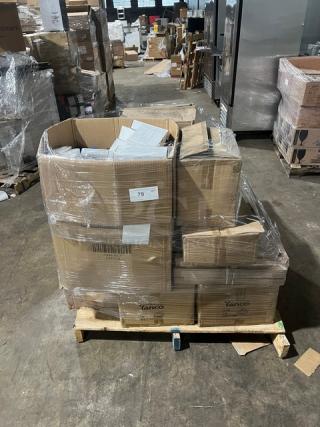 Mixed pallet with Yanco Ocean Series porcelain plates, Vollrath aluminum lids, syrup servers, and more, wrapped in plastic.