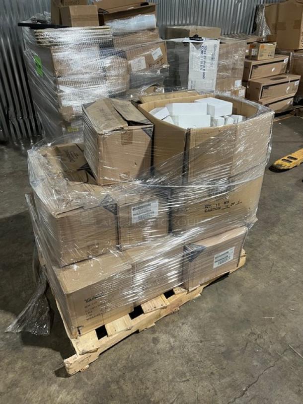 Mixed pallet with boxes of Yanco Ocean Series plates, Vollrath lids, syrup servers, and more. New, in wrapped packaging.