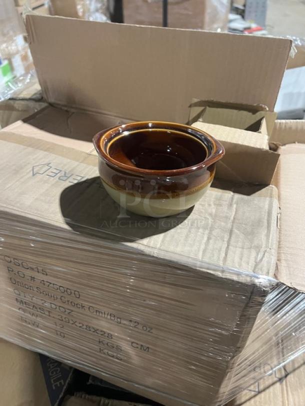 Mixed pallet stack with various commercial kitchenware, visible Yanco Ocean Series porcelain items, and boxed goods in new condition.